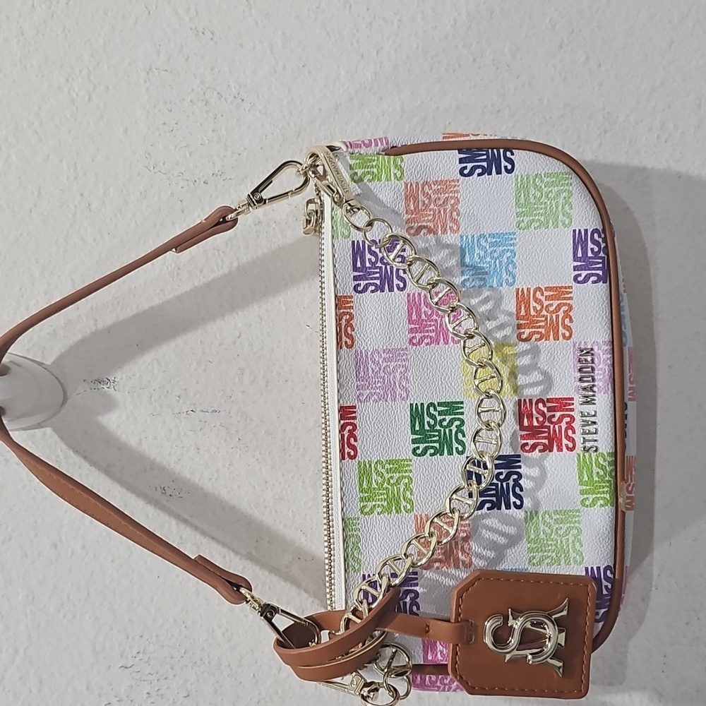 Steve Madden Bsisterl rainbow monogram shoulder bag in white